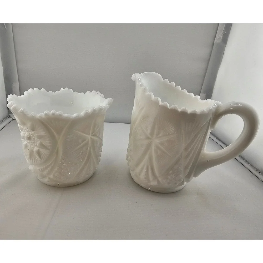 Vintage Milk Glass Creamer and Sugar Bowl Set Starburst mid-century‎ Farmhouse